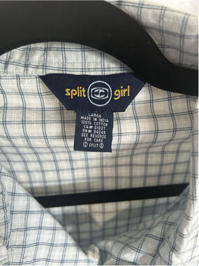 Vintage Y2K Surf Skate Split Girl Checkered Short Sleeve Shirt Blue Large